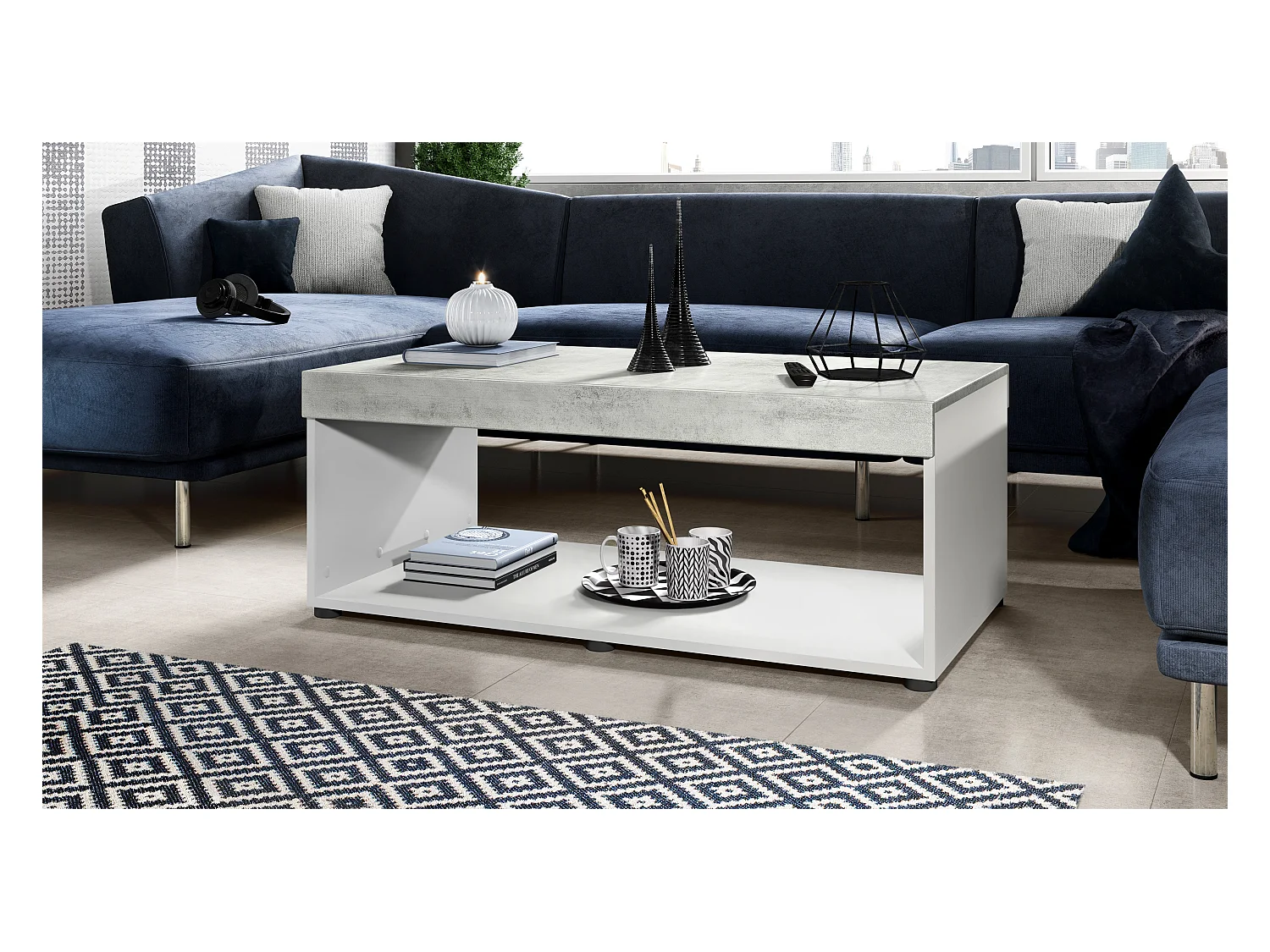 Table de salon Pure, Table basse rectangulaire, Blanc mat/Aspect Béton Oxyde (104 x 40,5 x 58 cm)