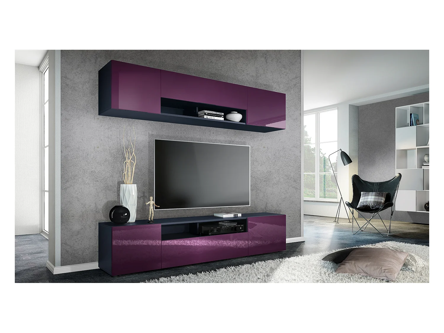 Meuble mural de salon Mogan avec deux éléments de 181x39x35 cm, meuble mural de salon suspendu avec 12 compartiments, Anthracite mat/Mûre brillant