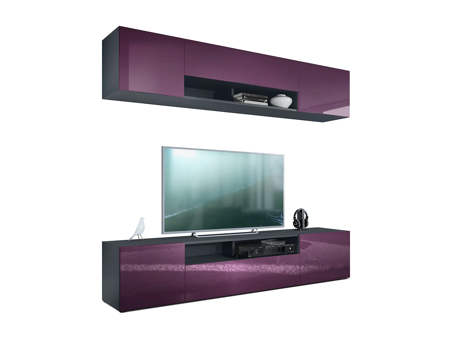 Pensile Mogan con due elementi da 181 x 39 x 35 cm, mobile soggiorno sospeso con 12 scomparti, struttura in antracite opaco, frontali in violetto-porpora lucido