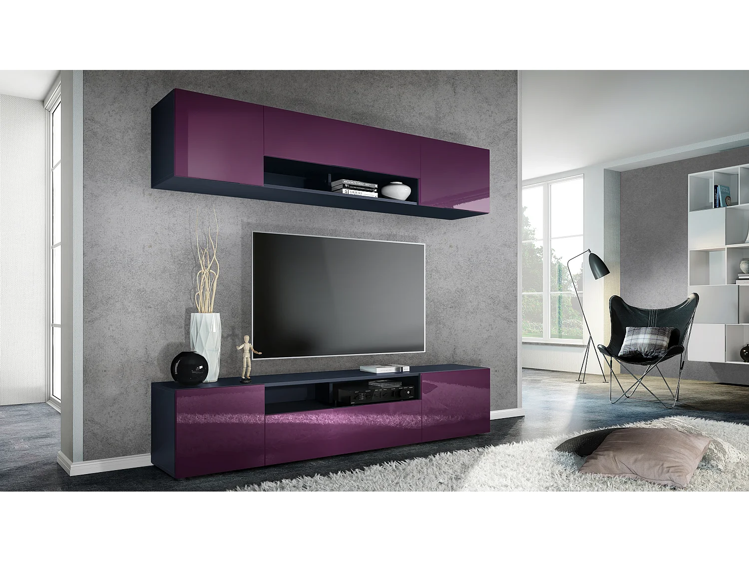 Pensile Mogan con due elementi da 181 x 39 x 35 cm, mobile soggiorno sospeso con 12 scomparti, struttura in antracite opaco, frontali in violetto-porpora lucido