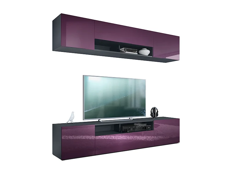 WOHNWAND Mogan Fronten in Brombeer Hochglanz