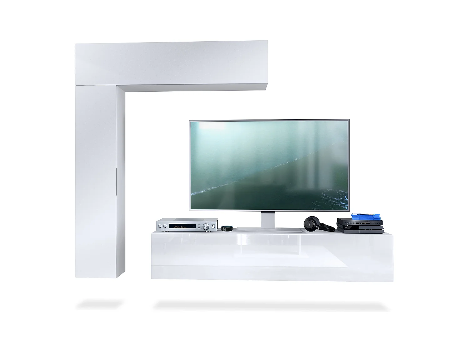 Meuble-paroi Taurito, blanc mat/blanc mat - Meuble-paroi moderne pour votre salon (320 x 182 x 39 cm)