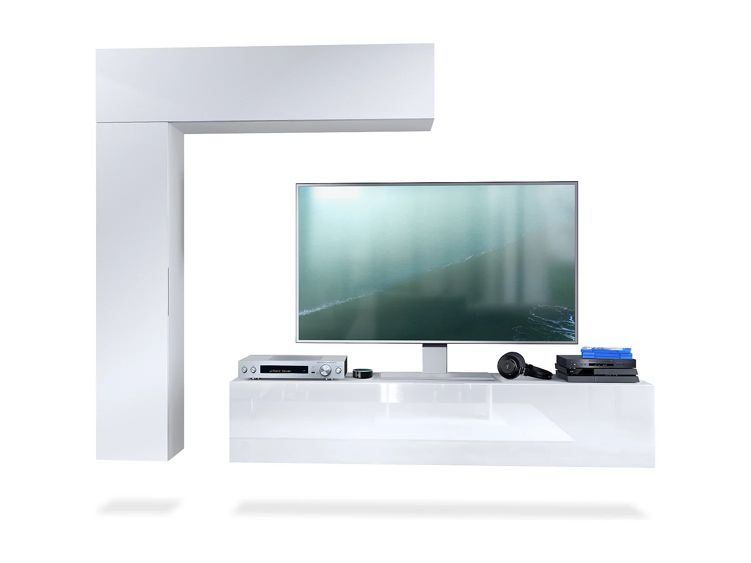 Meuble-paroi Taurito, blanc mat/blanc mat - Meuble-paroi moderne pour votre salon (320 x 182 x 39 cm)