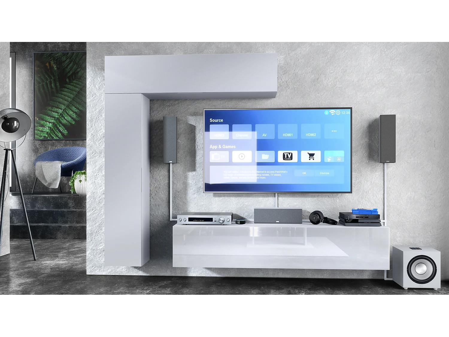 Meuble-paroi Taurito, blanc mat/blanc mat - Meuble-paroi moderne pour votre salon (320 x 182 x 39 cm)