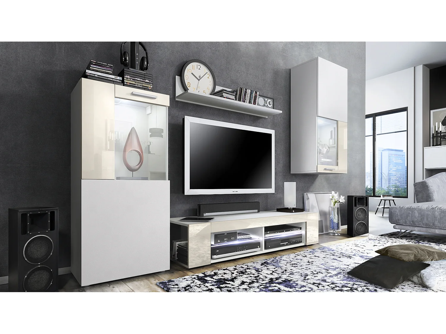 Ensemble de salon Movie comprenant 1 meuble bas TV, 2 vitrines et 1 étagère, Blanc mat/Crème haute brillance, (Dimensions totales : 300 x 190 x 39 cm)