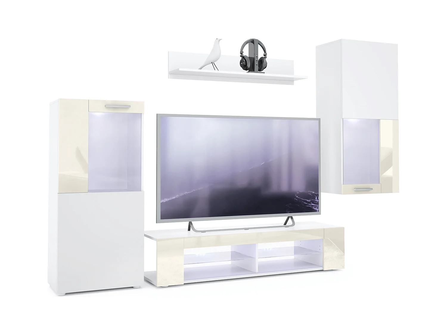 Ensemble de salon Movie comprenant 1 meuble bas TV, 2 vitrines et 1 étagère, Blanc mat/Crème haute brillance, (Dimensions totales : 300 x 190 x 39 cm)