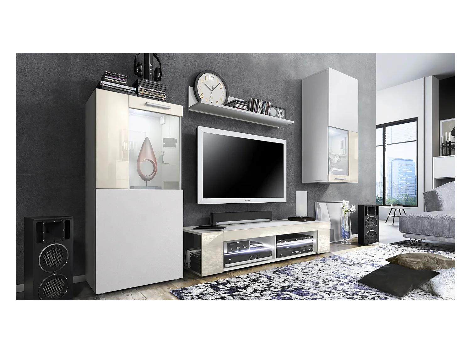 Ensemble de salon Movie comprenant 1 meuble bas TV, 2 vitrines et 1 étagère, Blanc mat/Crème haute brillance, (Dimensions totales : 300 x 190 x 39 cm)