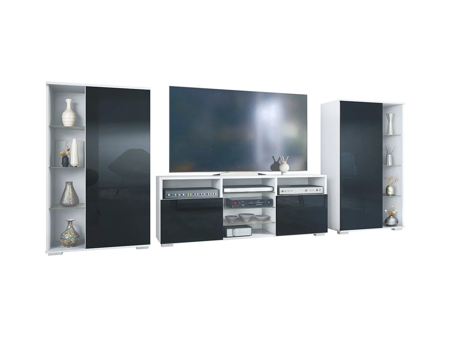 Mobile parete Davos per soggiorno, composto da 2 vetrine e 1 mobile TV, bianco opaco/nero lucido (329 x 134 x 35 cm)