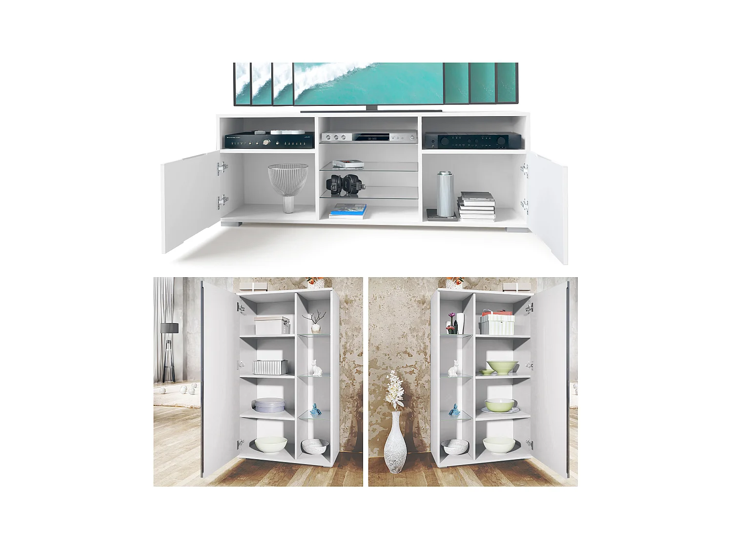 Mobile parete Davos per soggiorno, composto da 2 vetrine e 1 mobile TV, bianco opaco/nero lucido (329 x 134 x 35 cm)