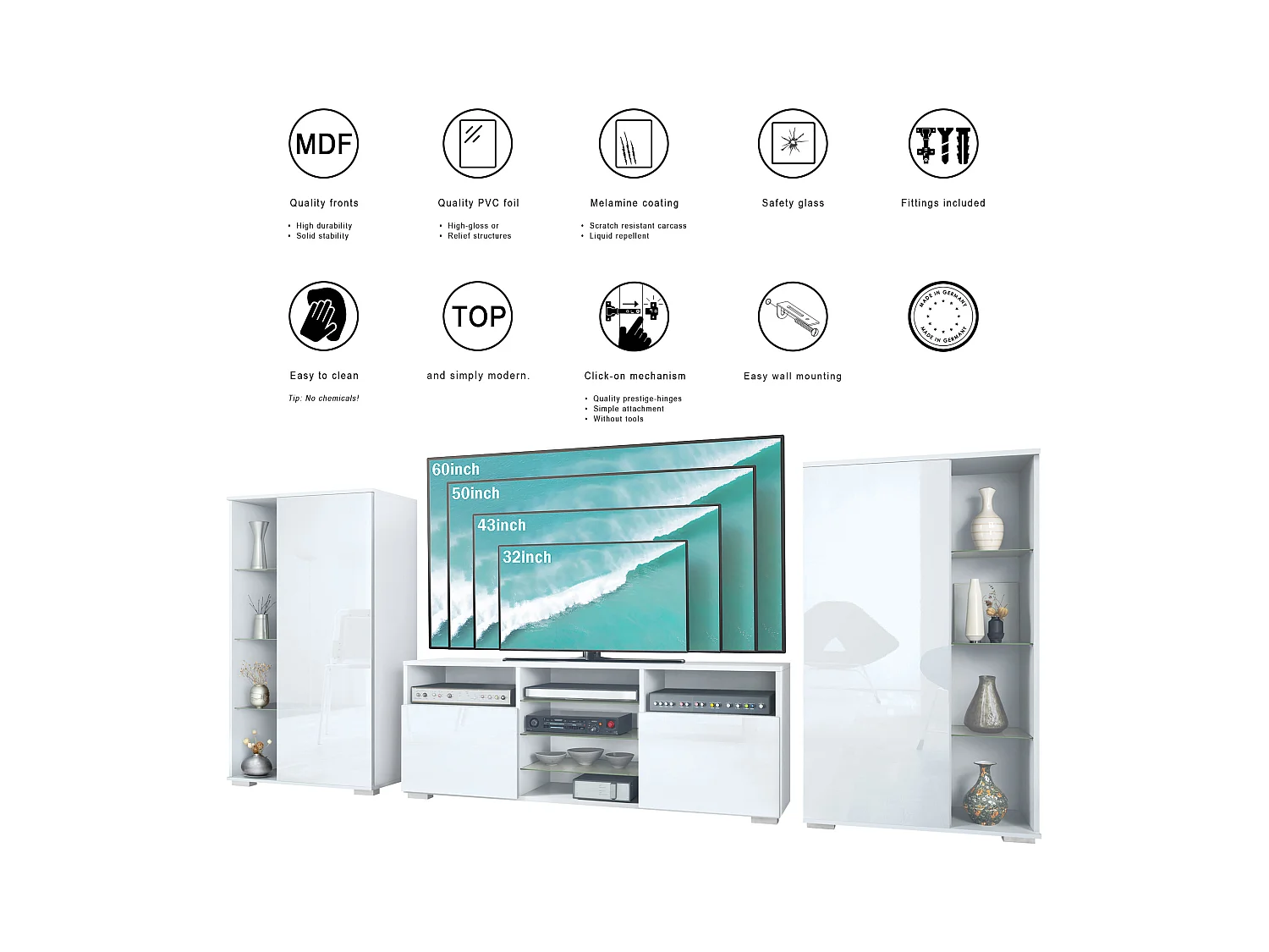 Mobile parete Davos per soggiorno, composto da 2 vetrine e 1 mobile TV, bianco opaco/nero lucido (329 x 134 x 35 cm)