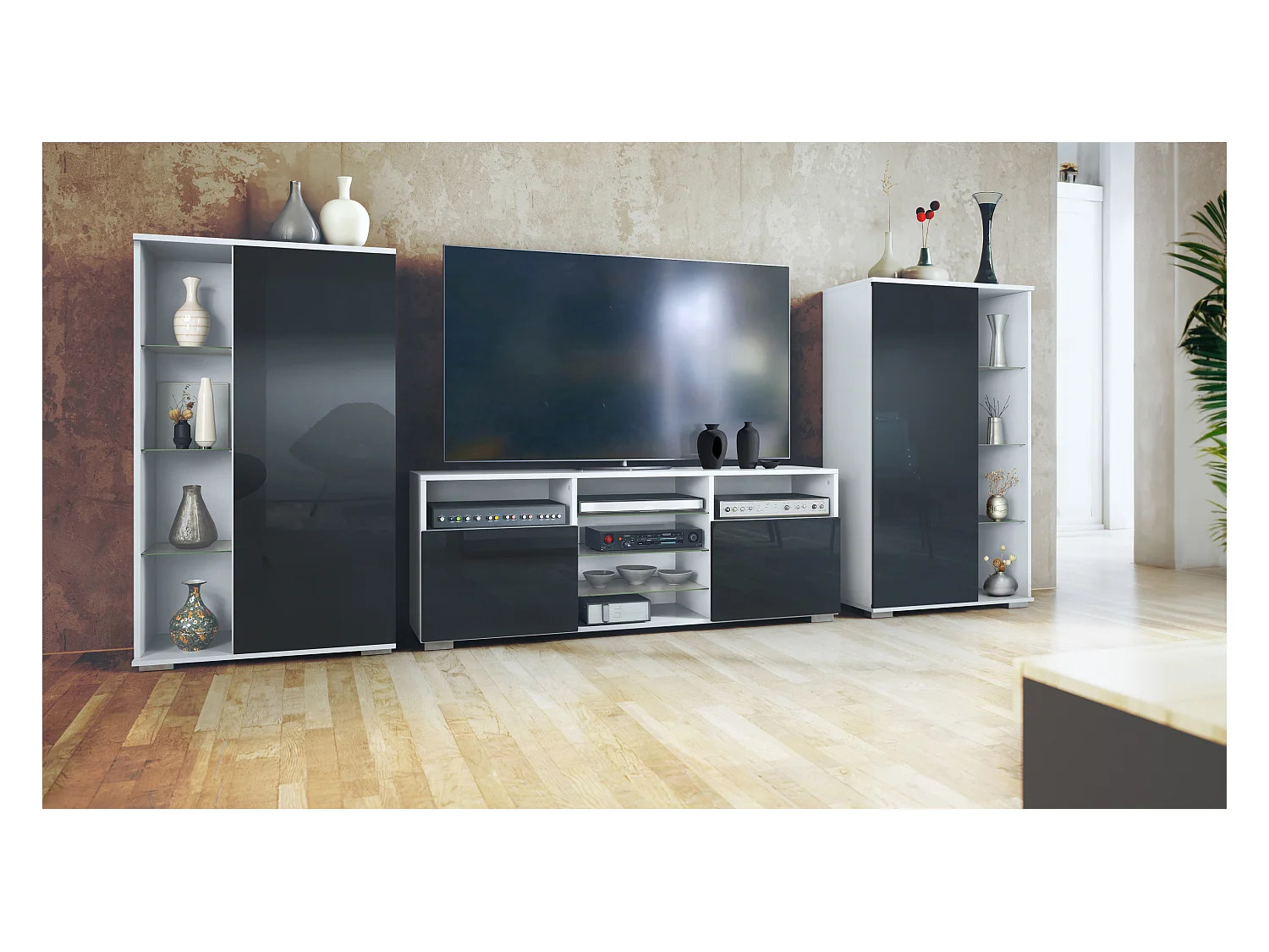 Ensemble mural Davos pour salon, comprenant 2 vitrines et 1 meuble TV, blanc mat/noir haute brillance (329 x 134 x 35 cm)