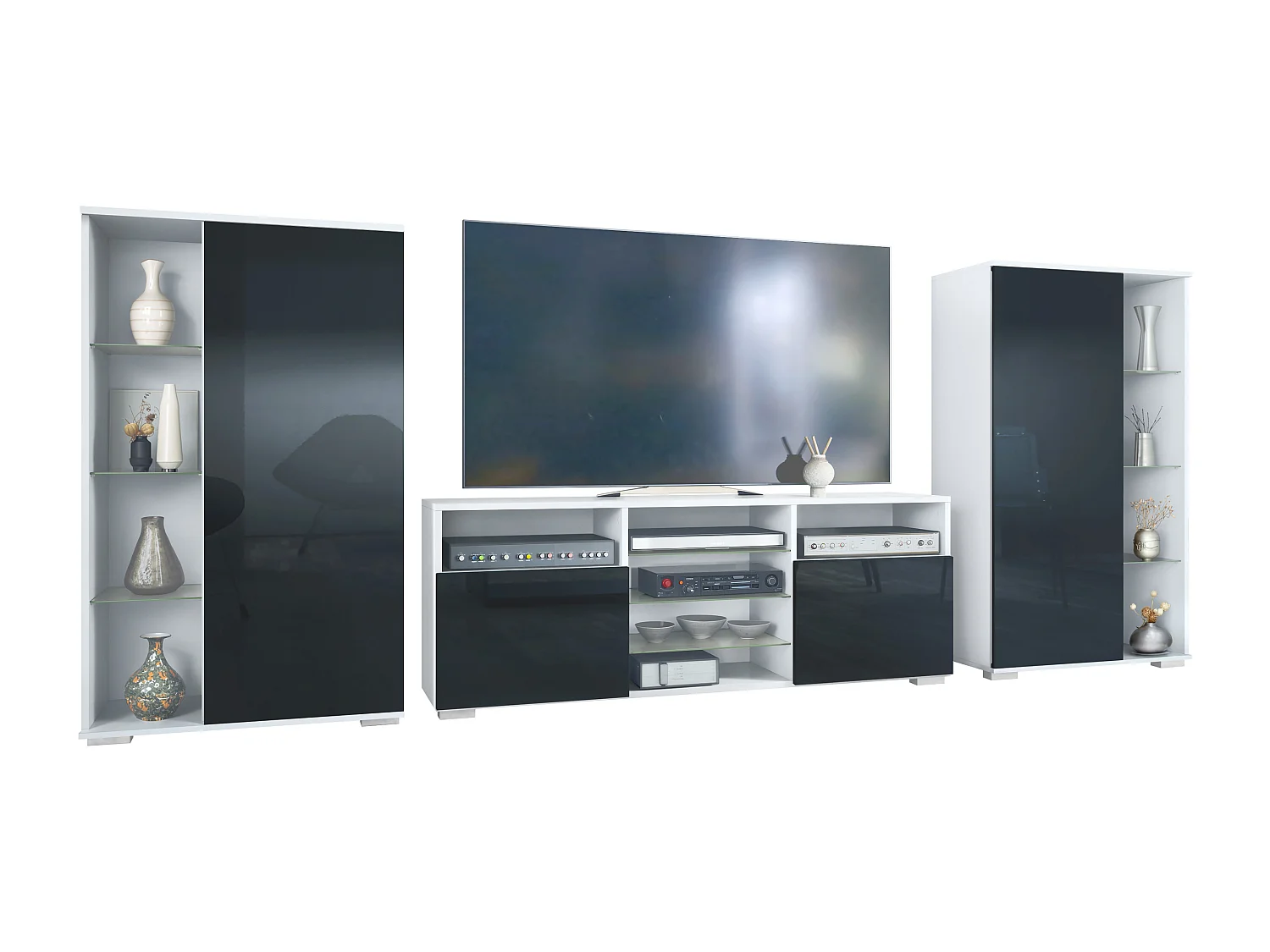 Ensemble mural Davos pour salon, comprenant 2 vitrines et 1 meuble TV, blanc mat/noir haute brillance (329 x 134 x 35 cm)