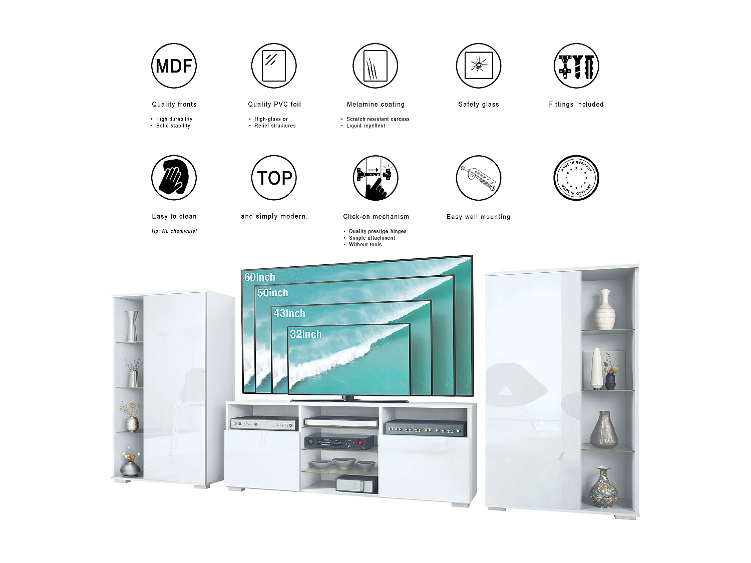 Ensemble mural Davos pour salon, comprenant 2 vitrines et 1 meuble TV, blanc mat/noir haute brillance (329 x 134 x 35 cm)