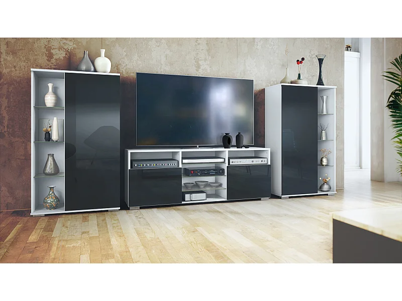 Ensemble mural Davos pour salon, comprenant 2 vitrines et 1 meuble TV, blanc mat/noir haute brillance (329 x 134 x 35 cm)