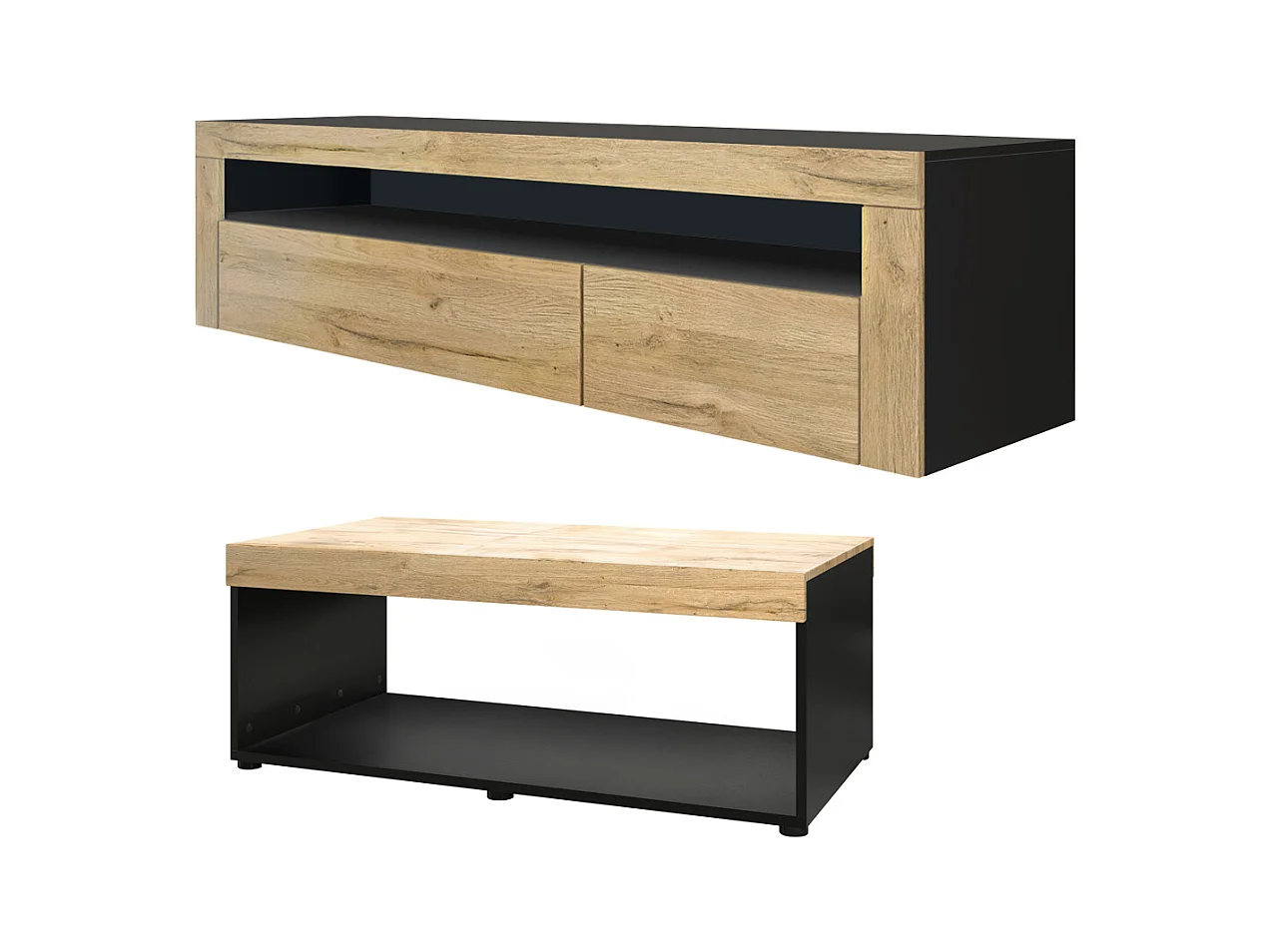 Ensemble de salon  Berlin, composé de 1 meuble TV avec 1 compartiment ouvert et 2 abattants, et 1 table basse, noir mat/chêne nature