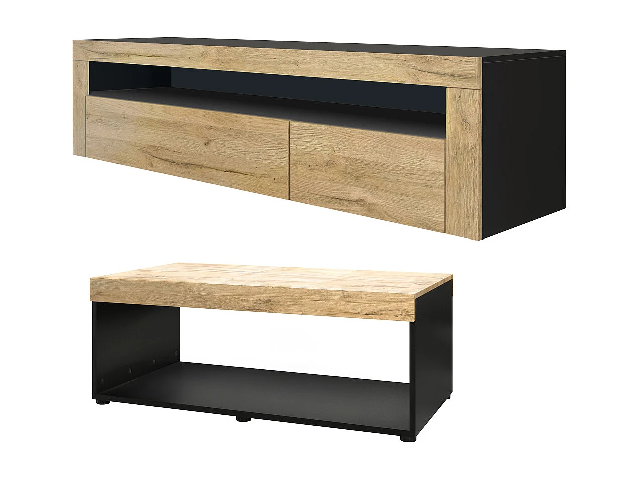 Ensemble de salon  Berlin, composé de 1 meuble TV avec 1 compartiment ouvert et 2 abattants, et 1 table basse, noir mat/chêne nature