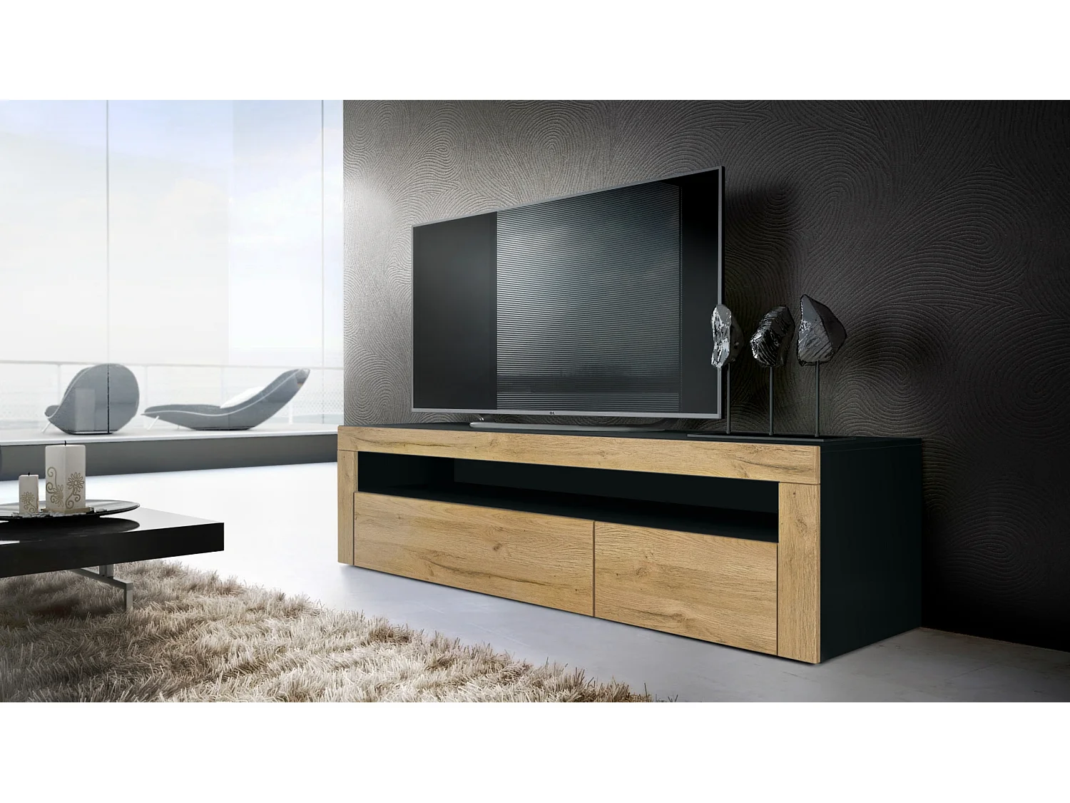 Ensemble de salon  Berlin, composé de 1 meuble TV avec 1 compartiment ouvert et 2 abattants, et 1 table basse, noir mat/chêne nature