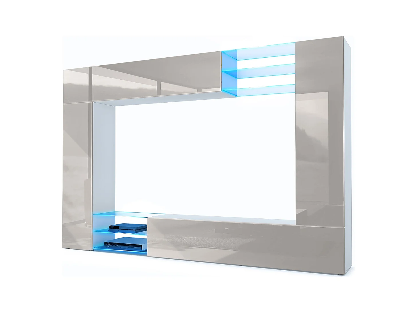 Meuble TV mural Mirage, Ensemble étagère TV et 2 portes, 2 clapets et 6 étagères en verre, Blanc mat/Gris sable brillant, LED incluse (262 x 183 x 39 cm)