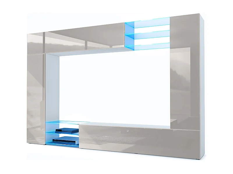 Meuble TV mural Mirage, Ensemble étagère TV et 2 portes, 2 clapets et 6 étagères en verre, Blanc mat/Gris sable brillant, LED incluse (262 x 183 x 39 cm)
