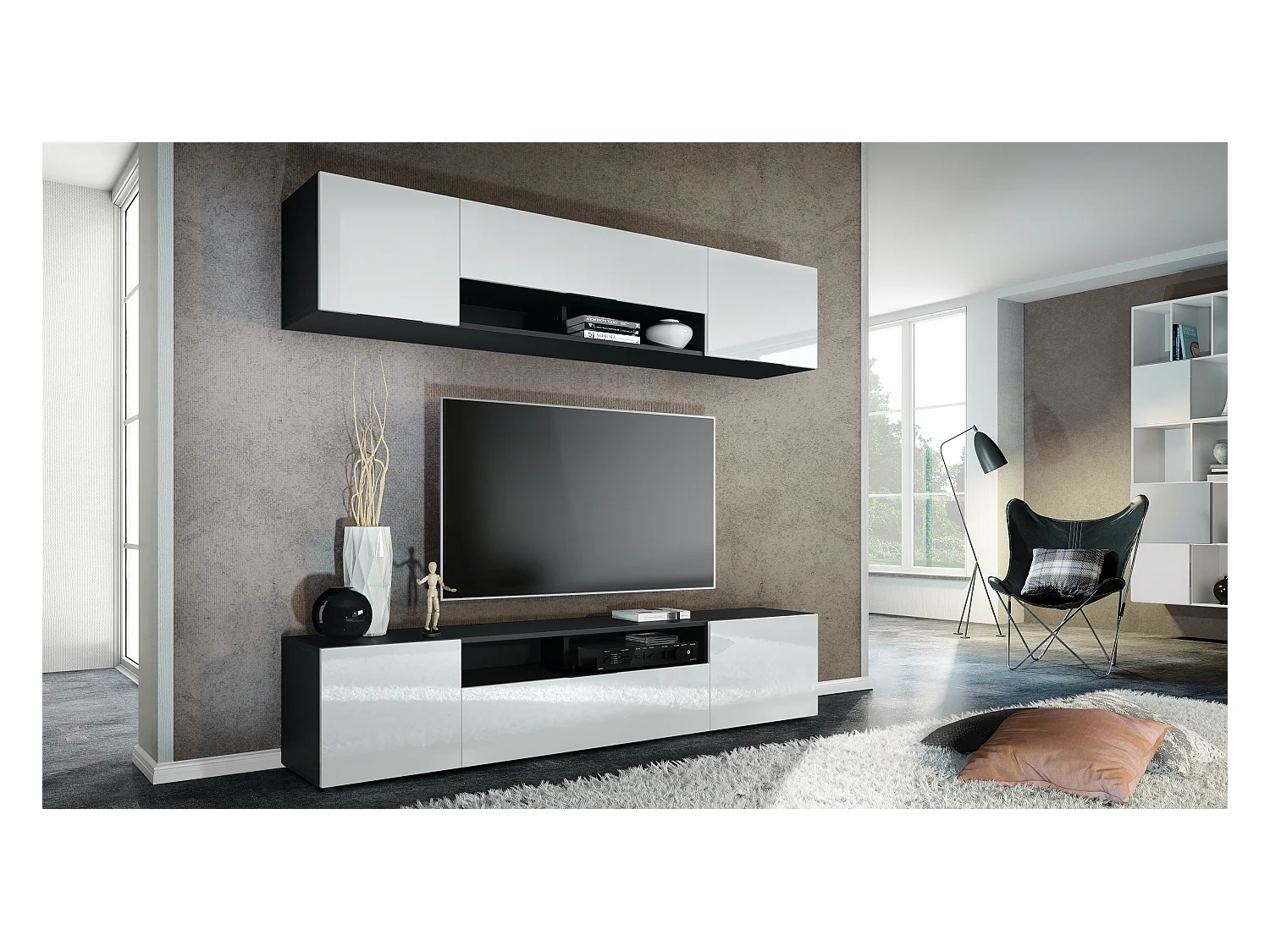 Meuble-paroi Mogan, noir mat/blanc haute brillance - Meuble mural moderne composé de 2 étagères TV (181 x 147 x 35 cm)