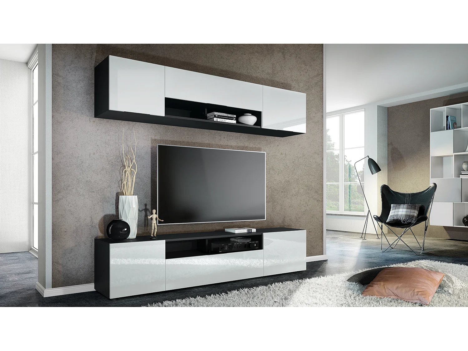 Meuble-paroi Mogan, noir mat/blanc haute brillance - Meuble mural moderne composé de 2 étagères TV (181 x 147 x 35 cm)