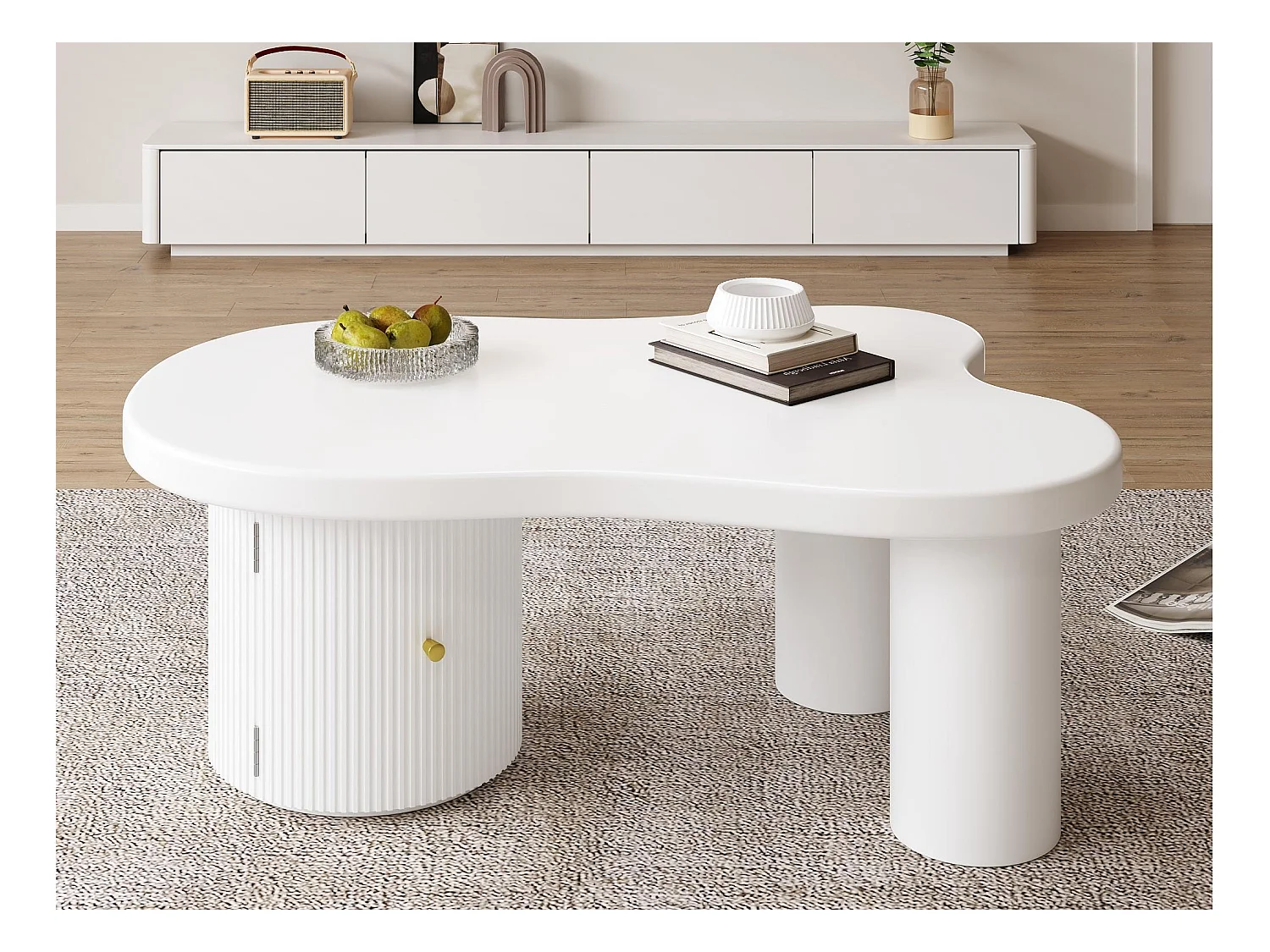 Table basse asymétrique 100x60x37cm - 1 porte ronde - avec rangement - blanc