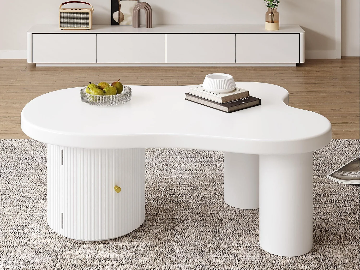 Tavolino asimmetrico 100x60x37 cm - 1 porta rotonda - con spazio di archiviazione - bianco