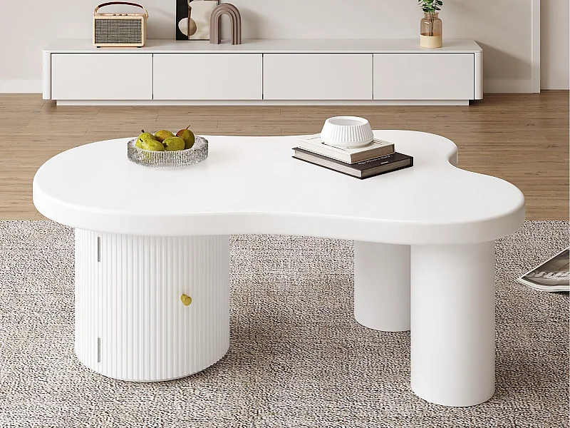 Asymmetrischer Couchtisch 100x60x37 cm - 1 runde Tür - mit Stauraum - weiß