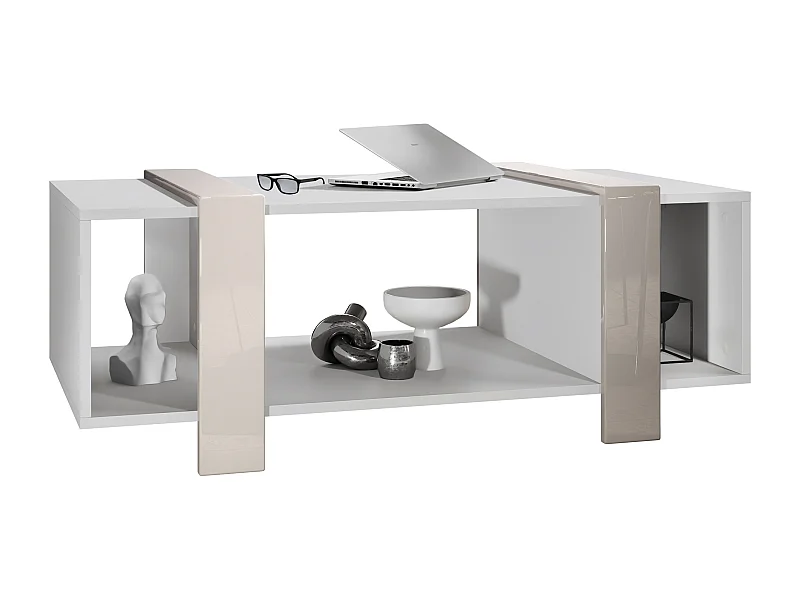 Tavolino  Ida 110,5 x 42 x 56,5 cm Tavolo da soggiorno con tre scomparti, Struttura in bianco opaco, pannelli in grigio sabbia lucido | Ampia scelta di colori