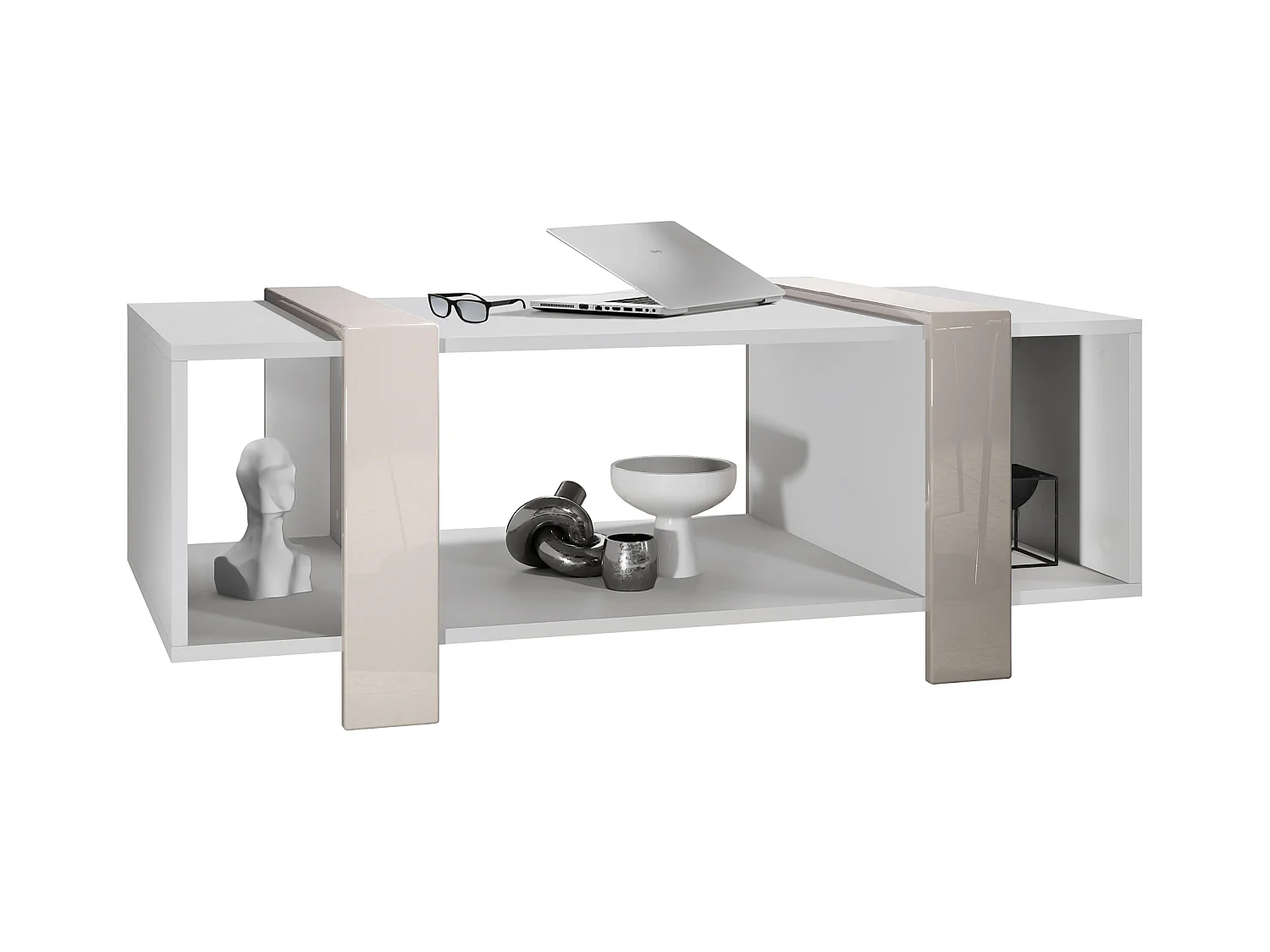 Table basse Ida 110,5 x 42 x 56,5 cm Table de salon à trois compartiments, caisson en blanc mat, façades en Gris sable brillant | Grand choix de couleurs