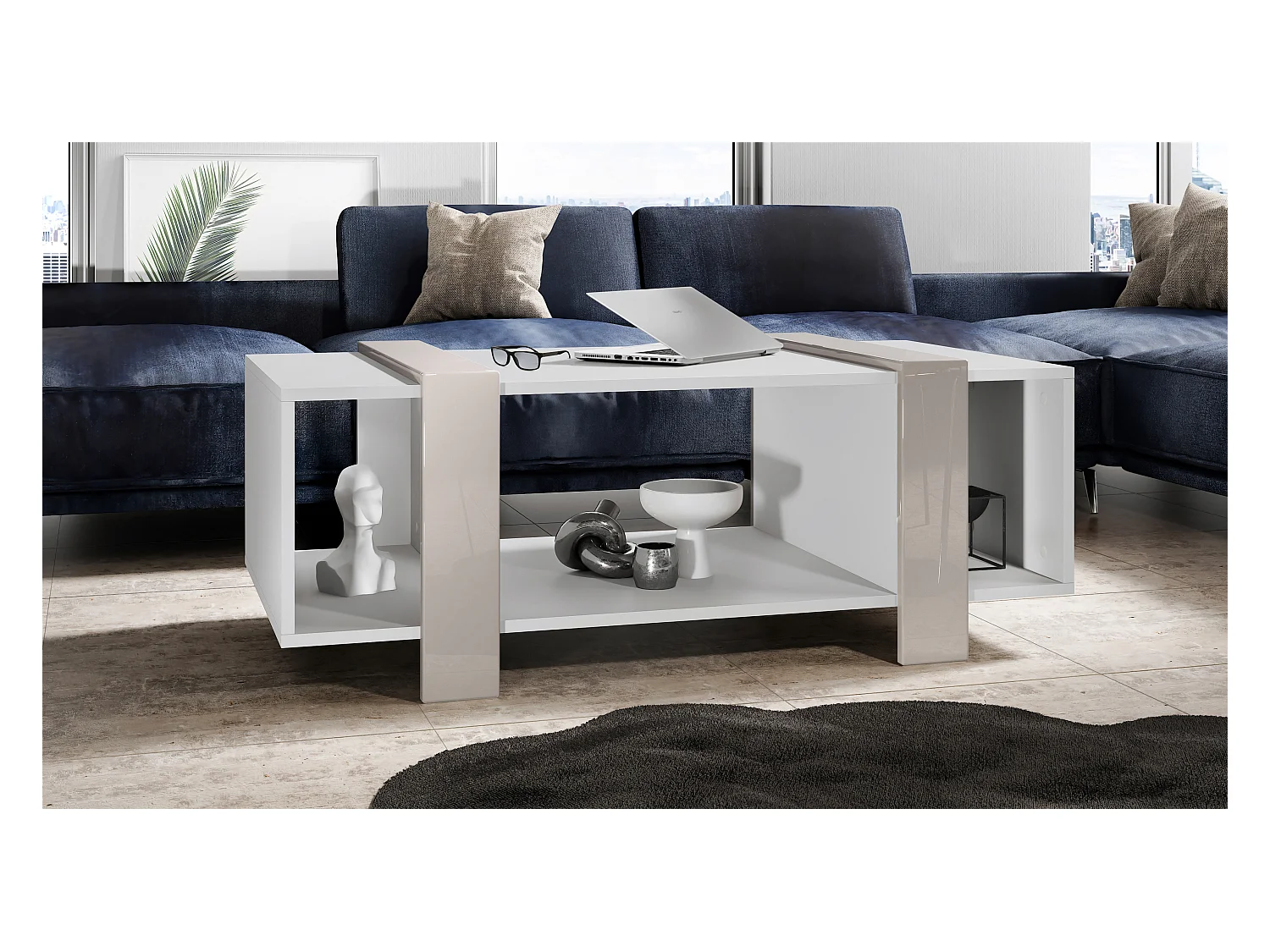 Table basse Ida 110,5 x 42 x 56,5 cm Table de salon à trois compartiments, caisson en blanc mat, façades en Gris sable brillant | Grand choix de couleurs