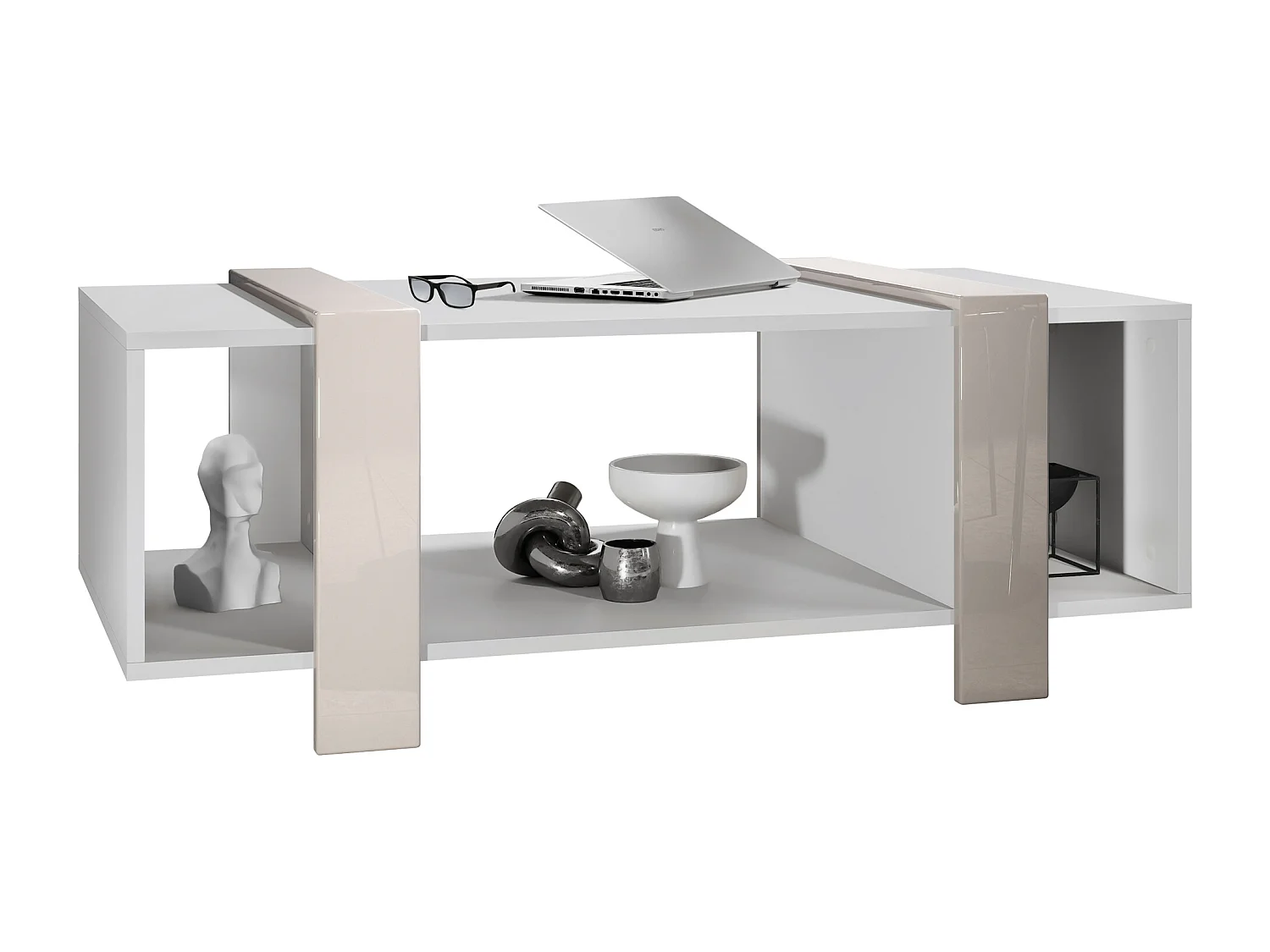 Tavolino  Ida 110,5 x 42 x 56,5 cm Tavolo da soggiorno con tre scomparti, Struttura in bianco opaco, pannelli in grigio sabbia lucido | Ampia scelta di colori