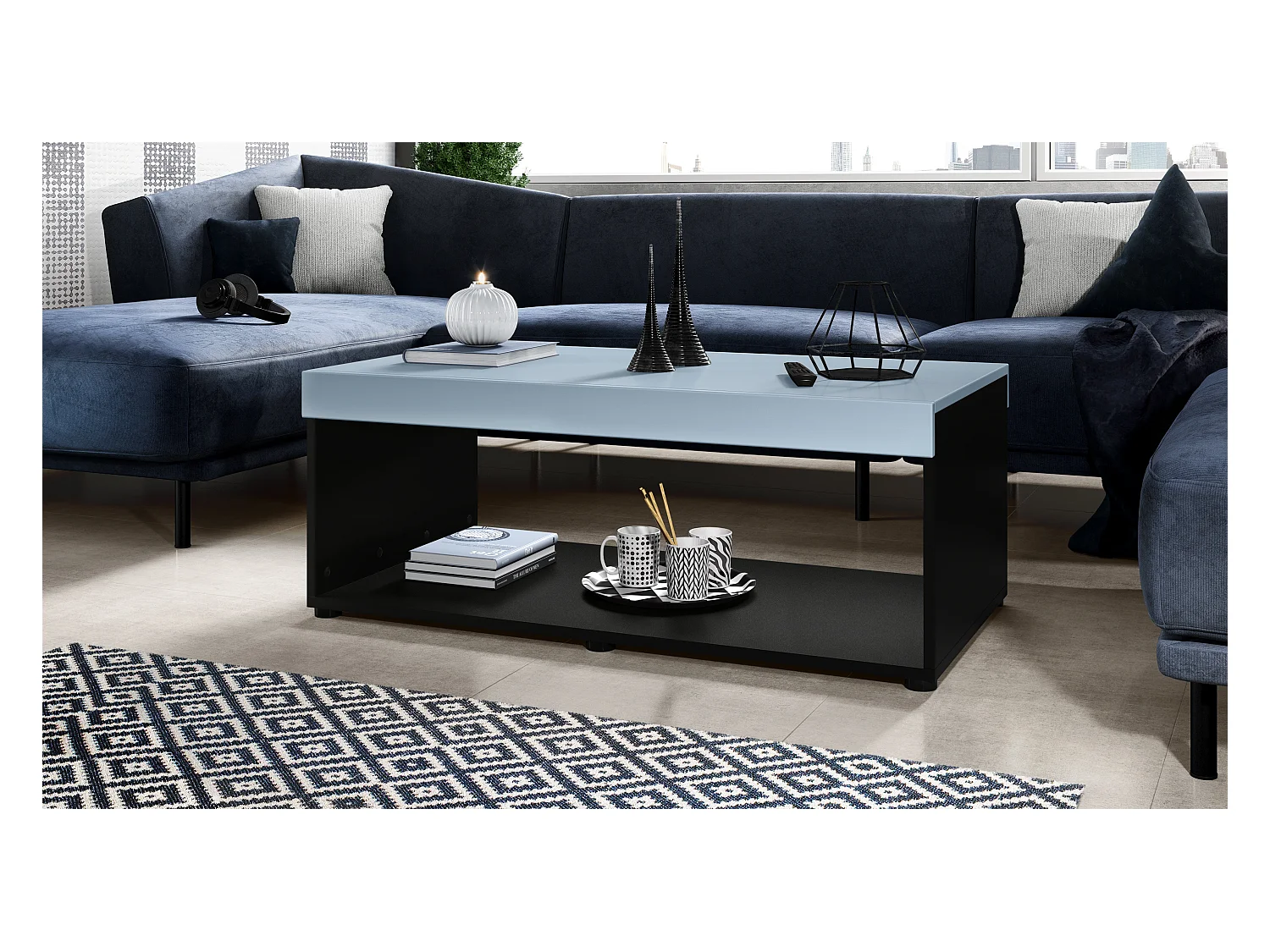 Table de salon Pure, Table basse rectangulaire, Noir mat/Denim mat (104 x 40,5 x 58 cm)