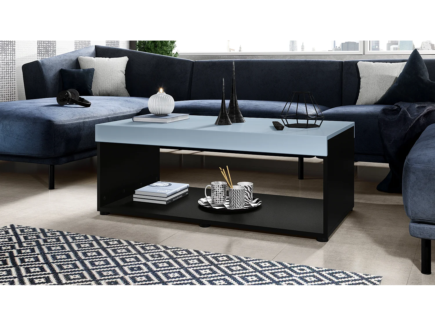 Tavolino  Pure, Tavolo da soggiorno a forma di scatola, nero opaco/denim opaco (104 x 40,5 x 58 cm)