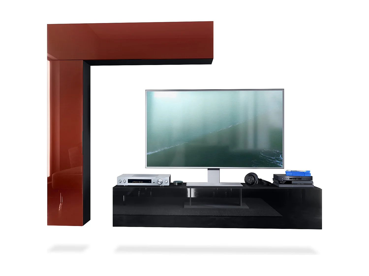 Meuble-paroi Taurito, noir mat/bordeaux haute brillance - Meuble-paroi moderne pour votre salon (320 x 182 x 39 cm)