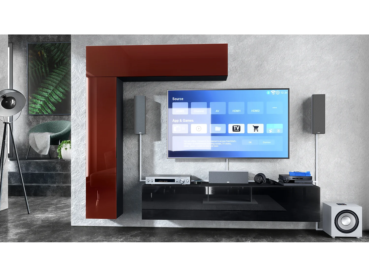 Meuble-paroi Taurito, noir mat/bordeaux haute brillance - Meuble-paroi moderne pour votre salon (320 x 182 x 39 cm)