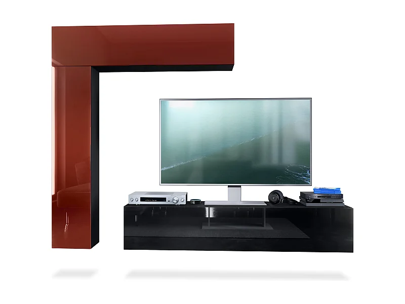 Meuble-paroi Taurito, noir mat/bordeaux haute brillance - Meuble-paroi moderne pour votre salon (320 x 182 x 39 cm)