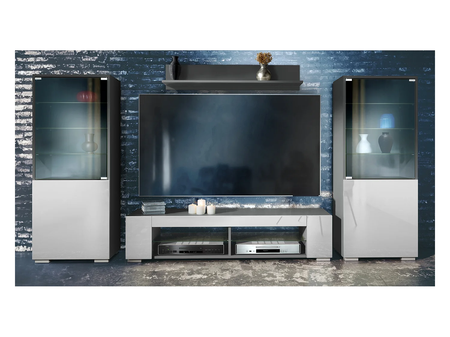 Ensemble mural Nevada V2, meuble de salon composé de 2 vitrines, 1 meuble TV et 1 étagère murale, Anthracite mat/blanc haute brillance (304,5 x 141 x 39 cm)
