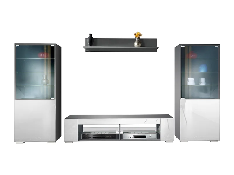 Ensemble mural Nevada V2, meuble de salon composé de 2 vitrines, 1 meuble TV et 1 étagère murale, Anthracite mat/blanc haute brillance (304,5 x 141 x 39 cm)