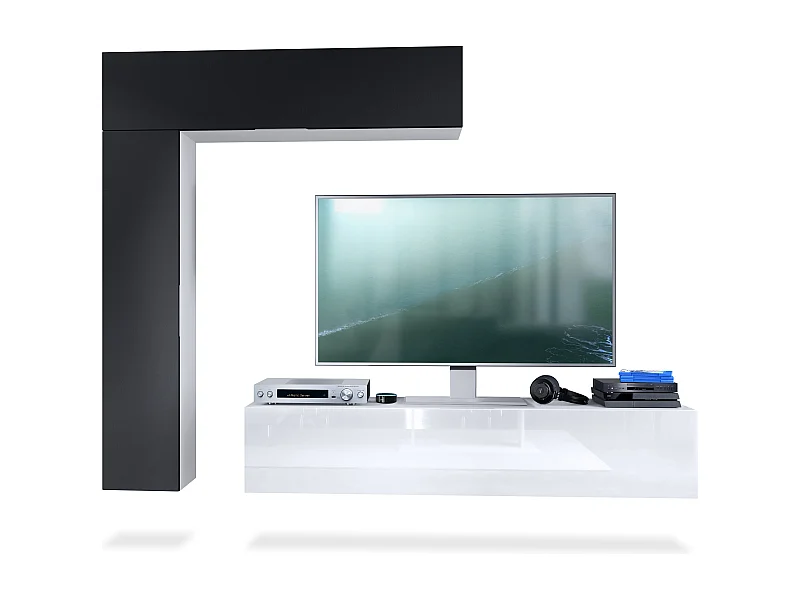 Vladon parete vivente Taurito, bianco opaco/nero opaco - Pensile moderno per il soggiorno (320 x 182 x 39 cm)