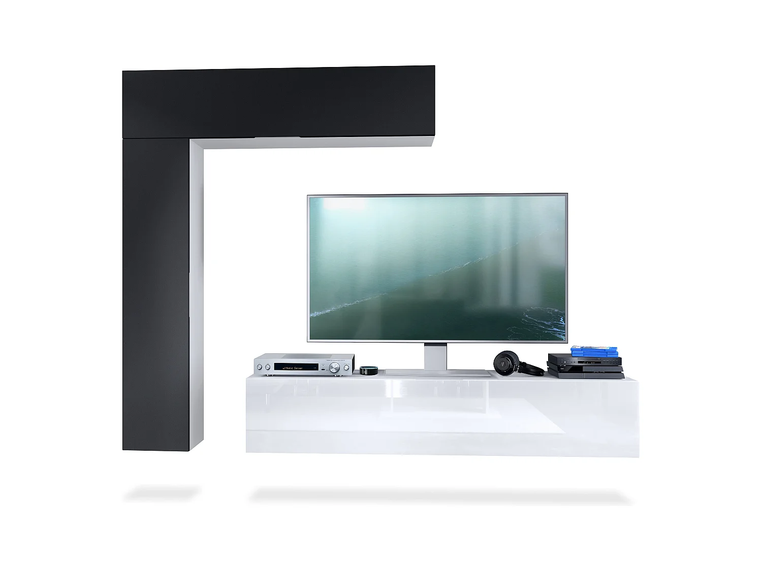 Meuble-paroi Taurito, blanc mat/noir mat - Meuble-paroi moderne pour votre salon (320 x 182 x 39 cm)