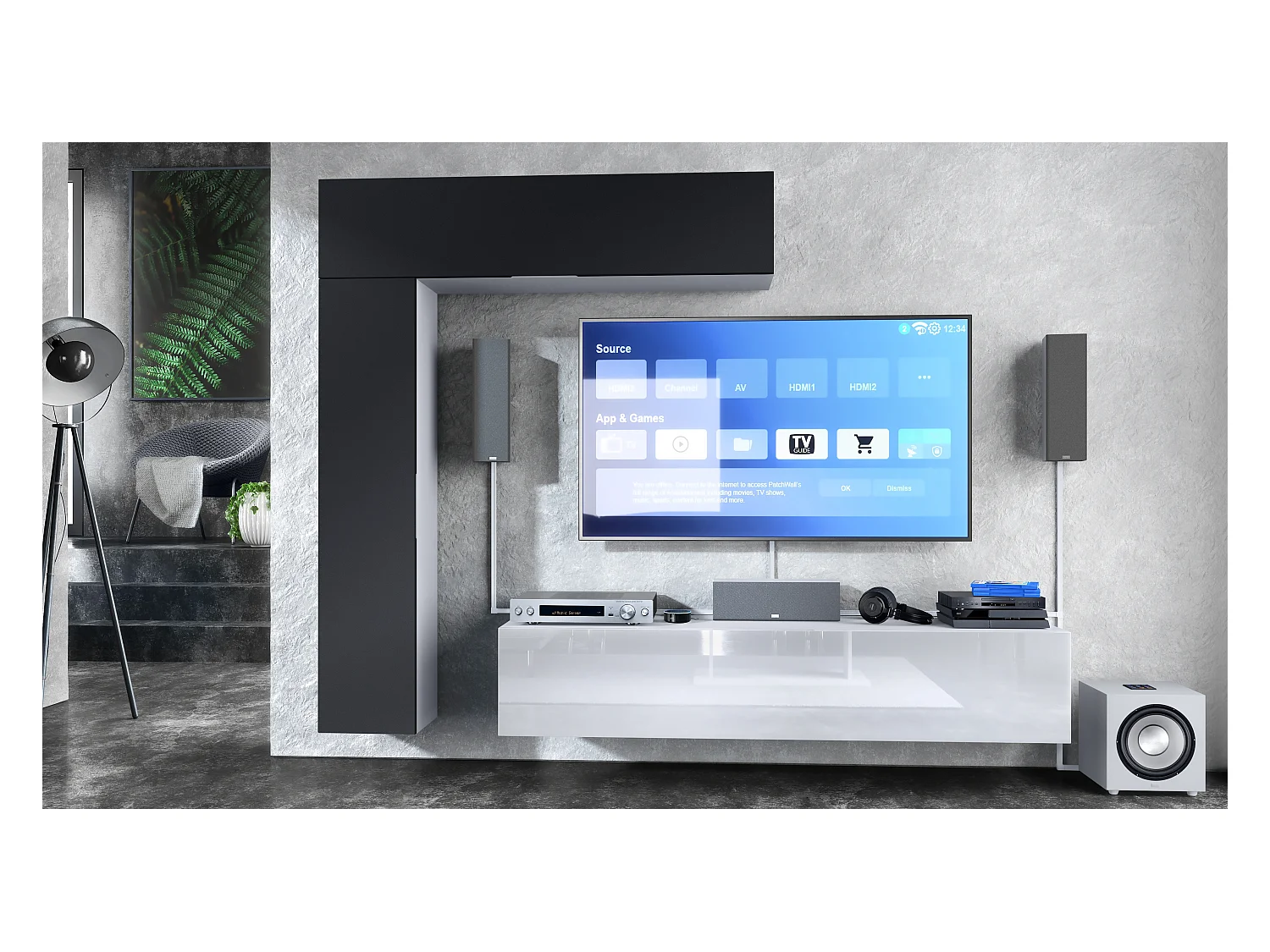 Meuble-paroi Taurito, blanc mat/noir mat - Meuble-paroi moderne pour votre salon (320 x 182 x 39 cm)