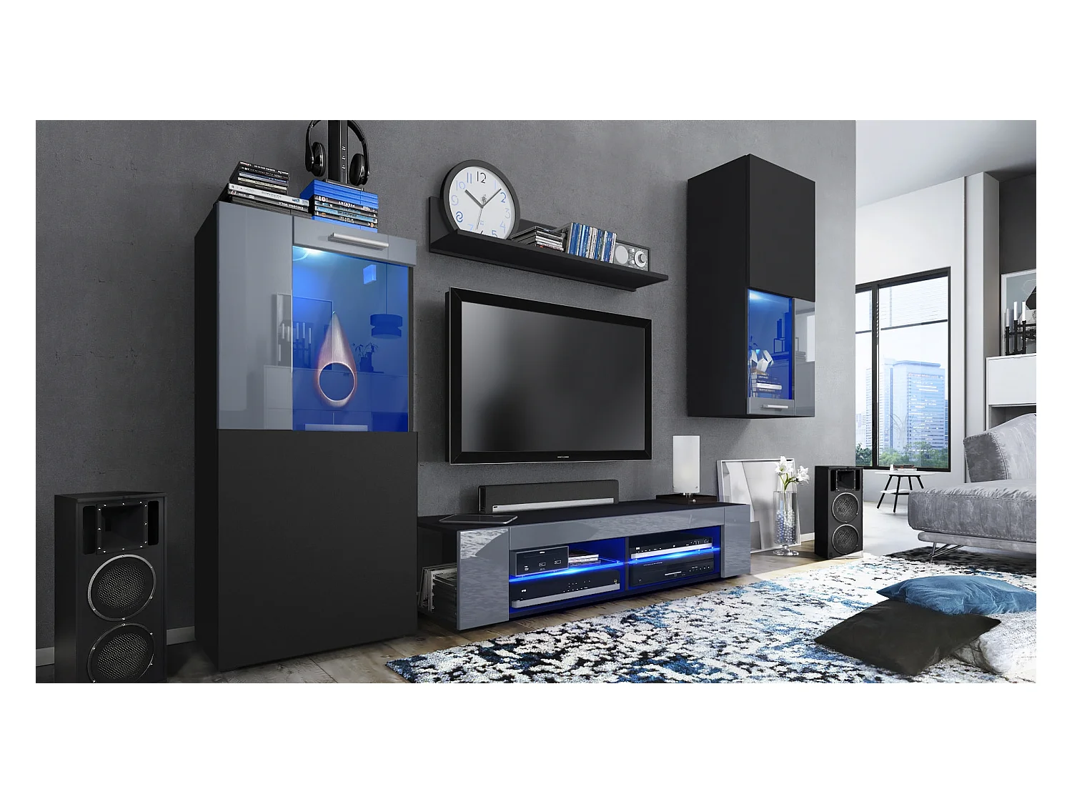 Ensemble de salon Movie comprenant 1 meuble bas TV, 2 vitrines et 1 étagère, Noir mat/Gris haute brillance, (Dimensions totales : 300 x 190 x 39 cm)