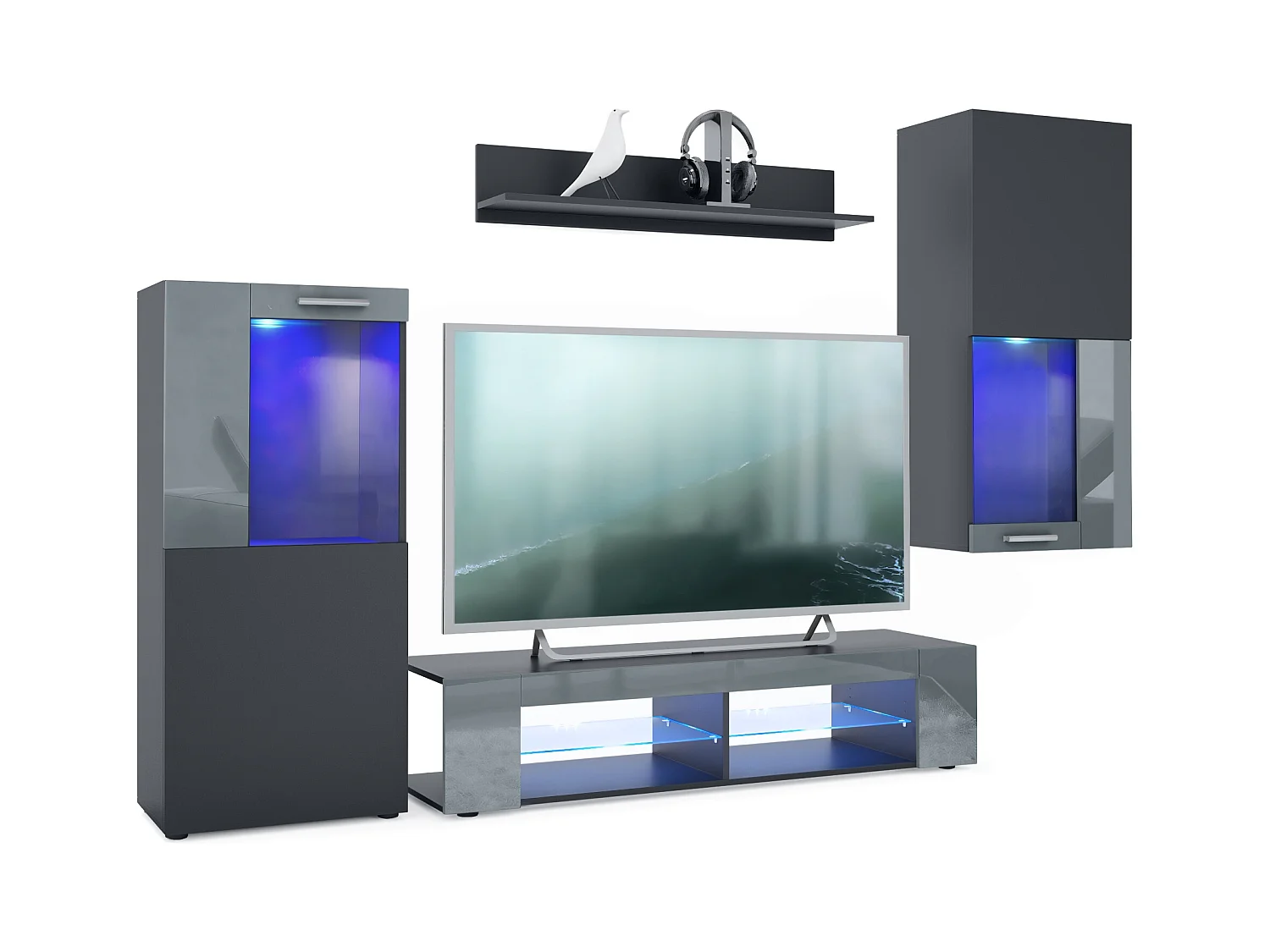 Ensemble de salon Movie comprenant 1 meuble bas TV, 2 vitrines et 1 étagère, Noir mat/Gris haute brillance, (Dimensions totales : 300 x 190 x 39 cm)