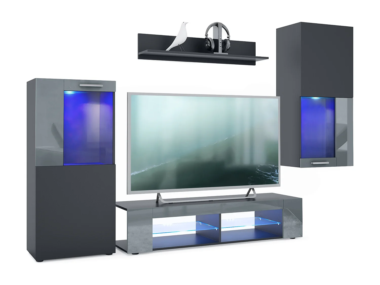 WOHNWAND Movie Absetzungen in Grau Hochglanz