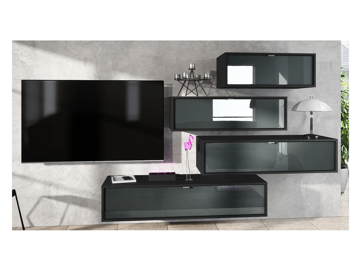 Unité murale Lana V3 composée de 4 unités murales à 10 compartiments, caisson en Noir mat, façades en Gris haute brillance