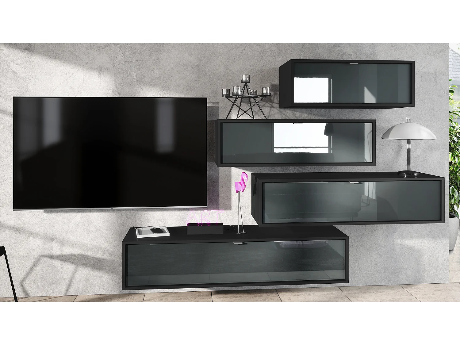 Unité murale Lana V3 composée de 4 unités murales à 10 compartiments, caisson en Noir mat, façades en Gris haute brillance