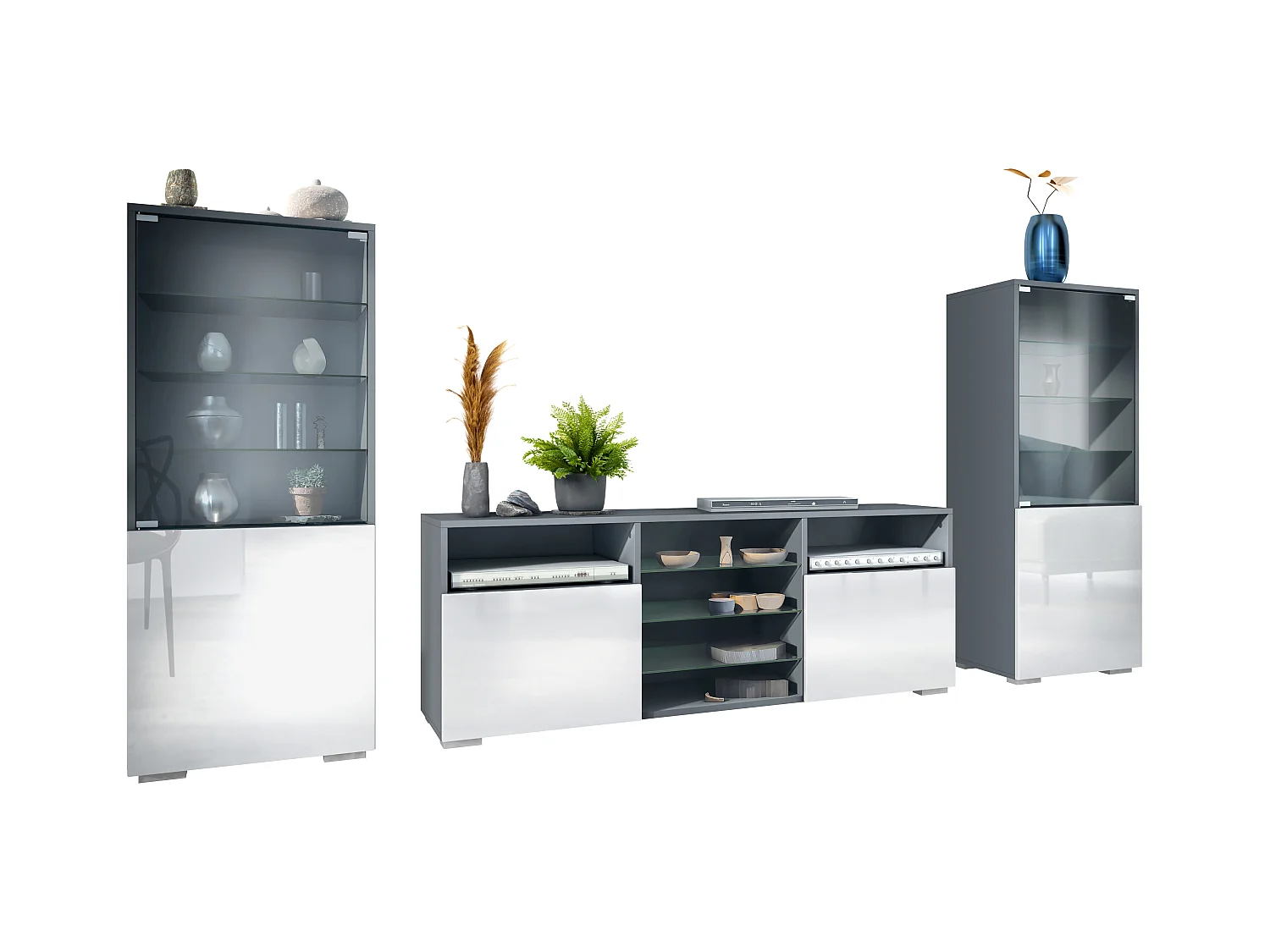 Ensemble mural Granada pour salon, comprenant 2 vitrines et 1 meuble TV, anthracite mat/blanc haute brillance (286 x 122,5 x 35 cm)