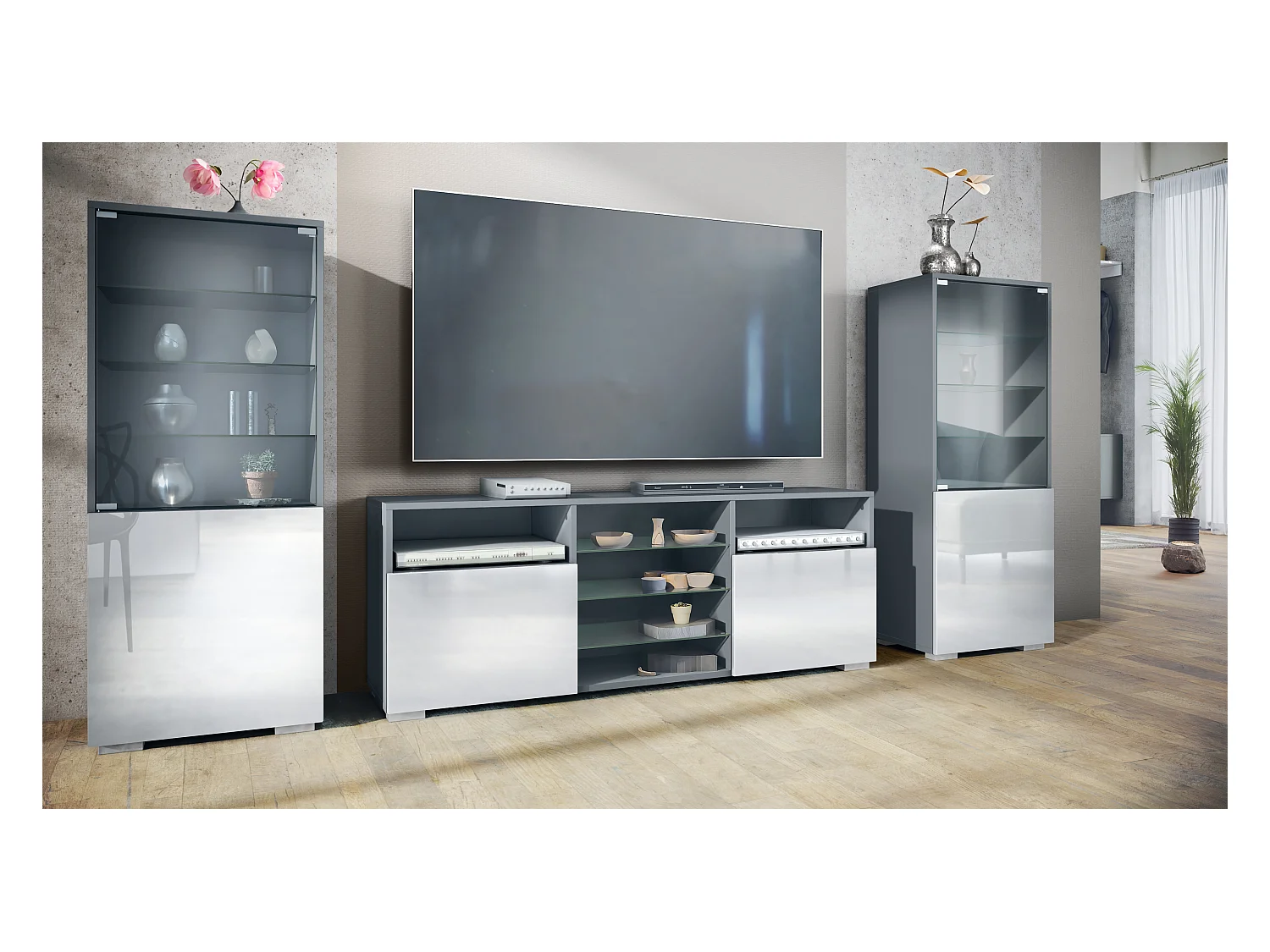 Ensemble mural Granada pour salon, comprenant 2 vitrines et 1 meuble TV, anthracite mat/blanc haute brillance (286 x 122,5 x 35 cm)