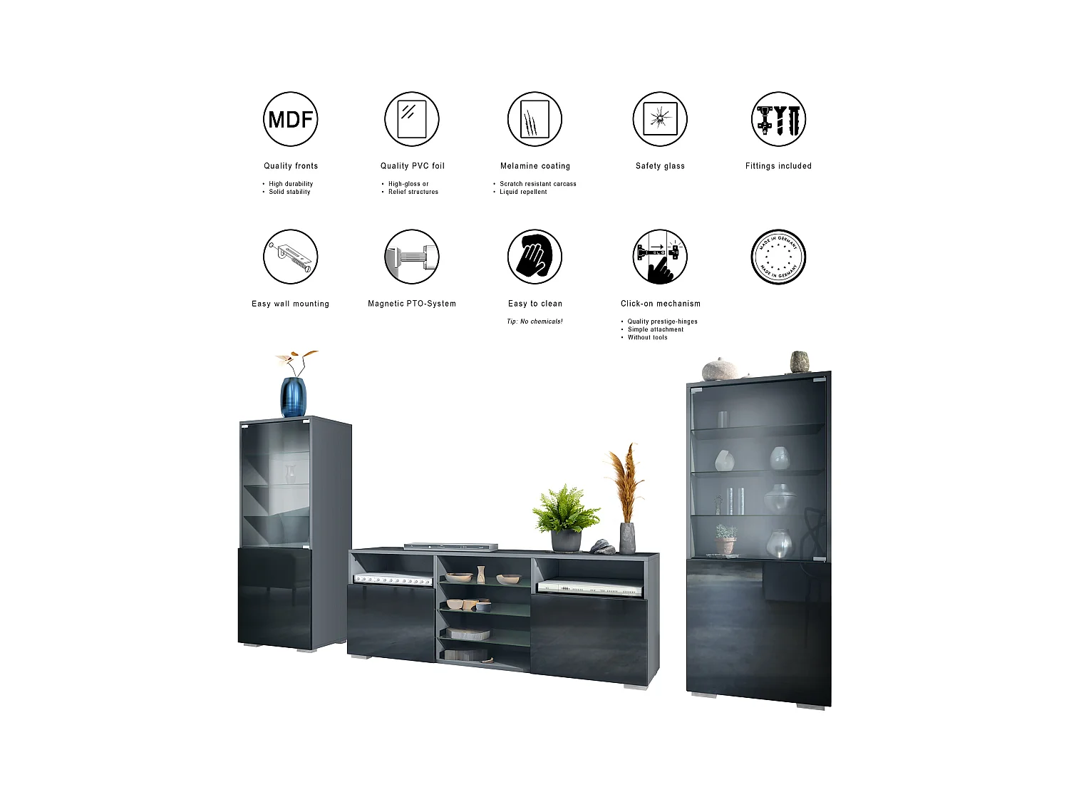 Ensemble mural Granada pour salon, comprenant 2 vitrines et 1 meuble TV, anthracite mat/blanc haute brillance (286 x 122,5 x 35 cm)